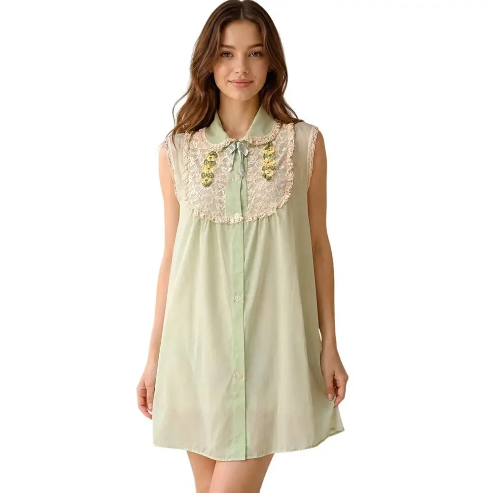 Vintage 1960s Mint Green Lace Cotton Nightgown Embroidered Floral Large -